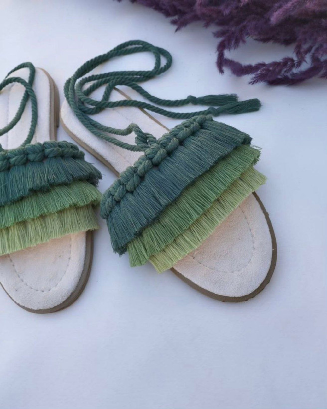 سندل زنانه مکرومه بند دار سبز