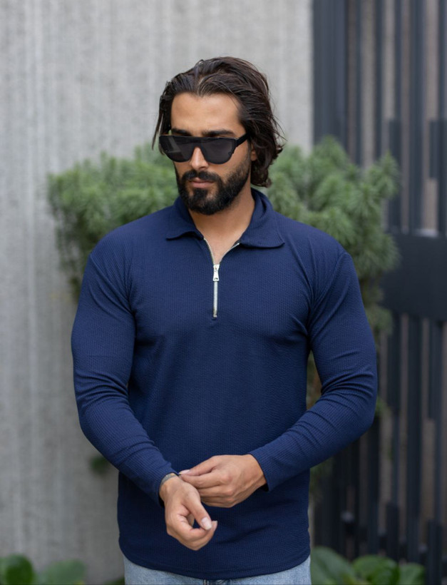 خرید بلوز مردانه نیم زیپ سورمه ای