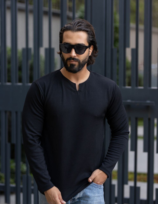 خرید تیشرت آستین بلند یقه کوبایی مردانه